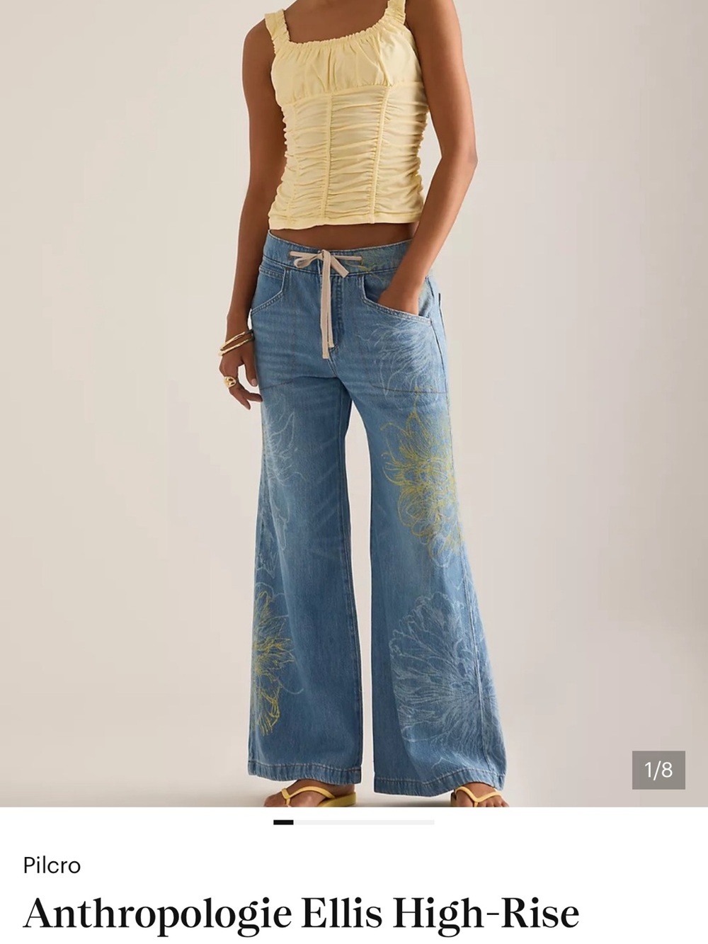 Pilcro Wide-Leg Jeans in Light Blue with Yellow Floral Accents